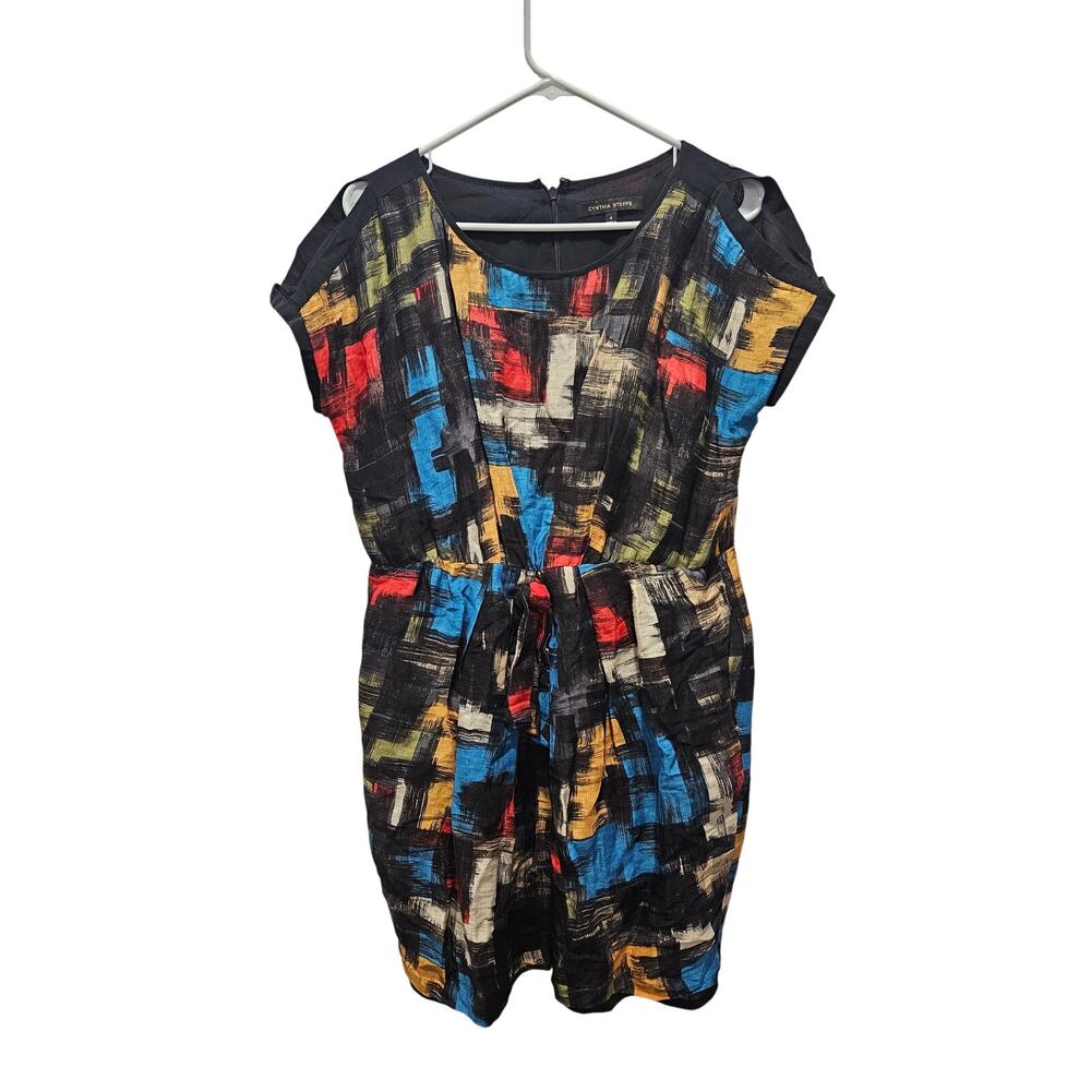 Cynthia Steffe Silk Linen Dress Sz 8 Abstract Print Belted Sheath